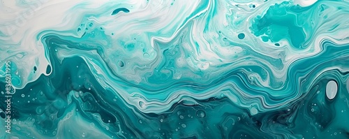 Abstract marbling oil acrylic paint background illustration art wallpaper - Turquoise aquamarine white color with liquid fluid marbled paper texture banner painting texture (Generative, Generative AI © Shutter Gems
