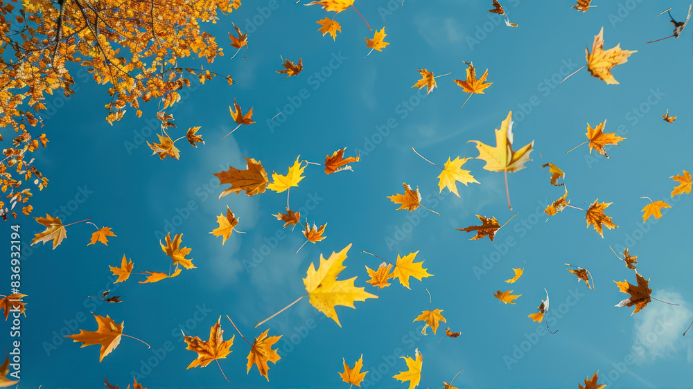 yellow maple leaves fall, fly against the blue sky yellow maple leaves fall, fly against the blue sky