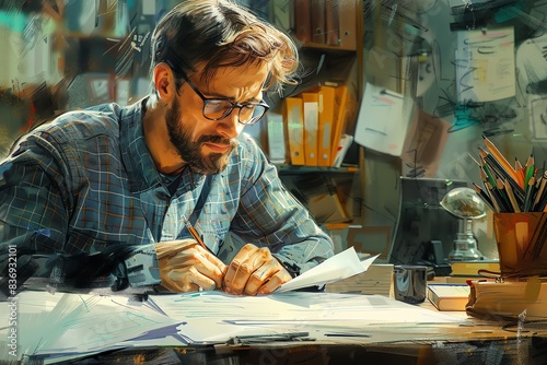 Focused man working at a cluttered desk, reviewing documents in a busy office environment, showcasing concentration and productivity.