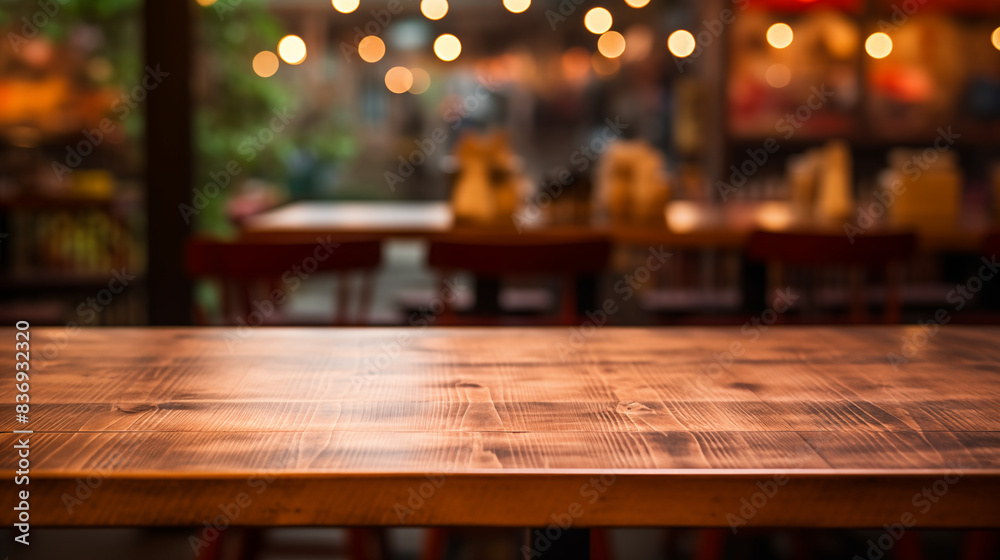 wooden table top with blur background, space for design