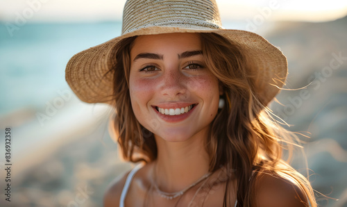 A smiling woman in a straw hat enjoying the beach, representing relaxation and vacation.