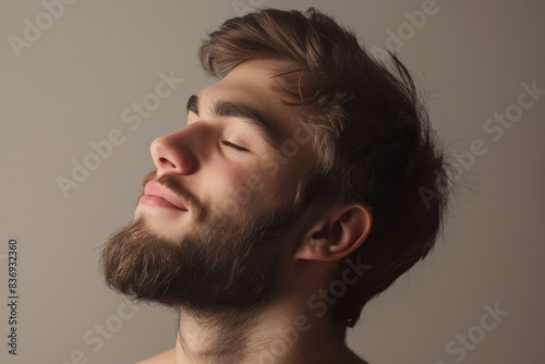 A close up of a man with beard and closed eyes looking to a side