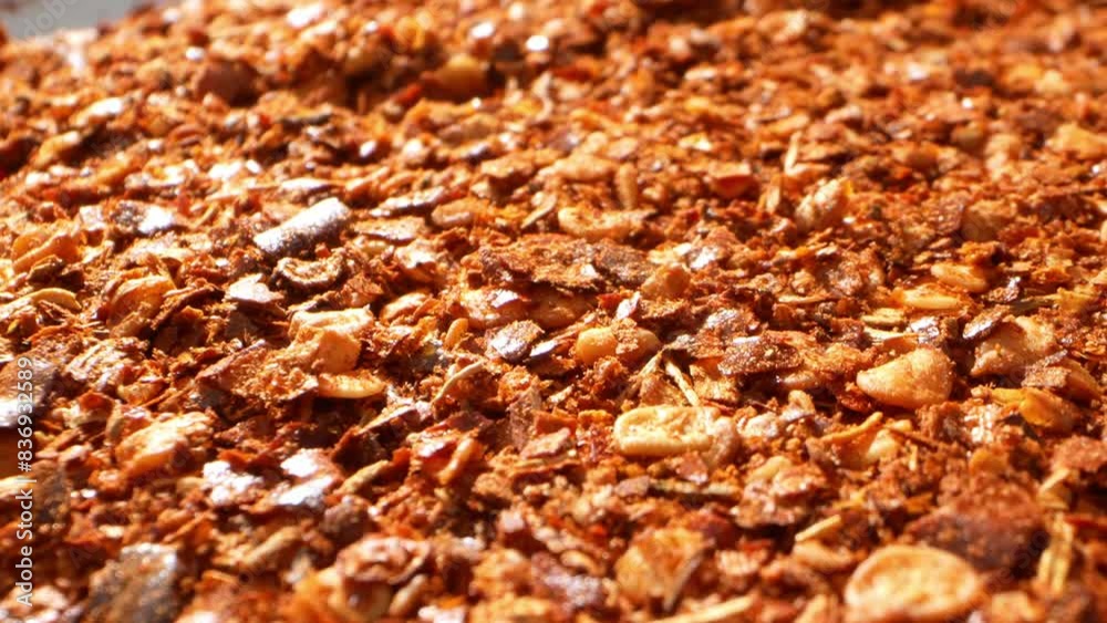 A close-up of ground chili showcases its rugged texture, teeming with seeds and flakes. The fiery red-brown shade hints at its potent flavor, promising an explosion of heat and zest.
