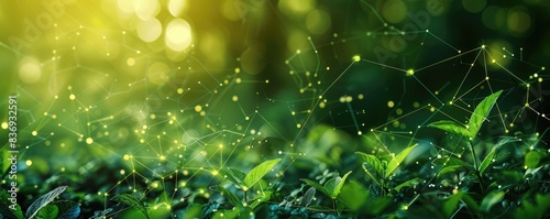 Vibrant green leaves overlaid with abstract digital network  symbolizing eco-friendly technology