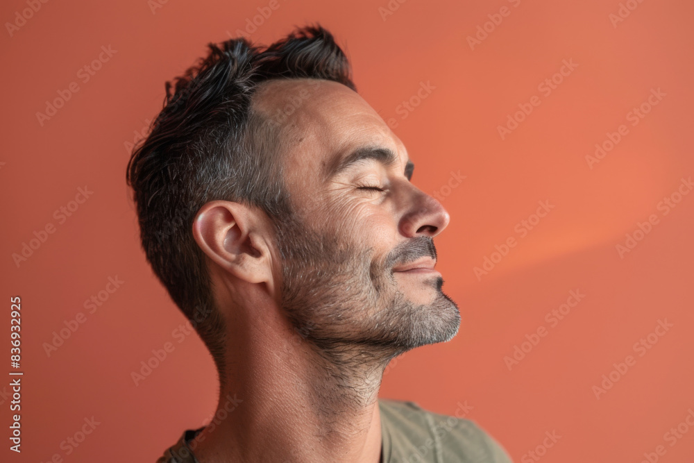 Fototapeta premium A close up of a man with beard and closed eyes looking to a side