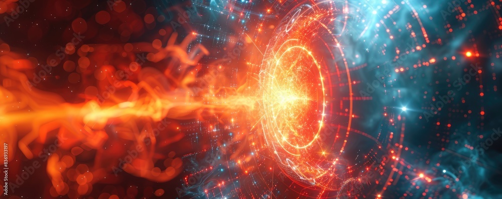 Fototapeta premium Explosion of energy particles, glowing core, radiating dynamic colorful illustration