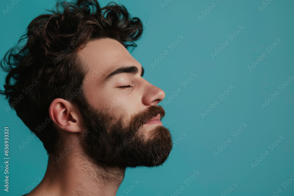 Fototapeta premium A close up of a man with beard and closed eyes looking to a side
