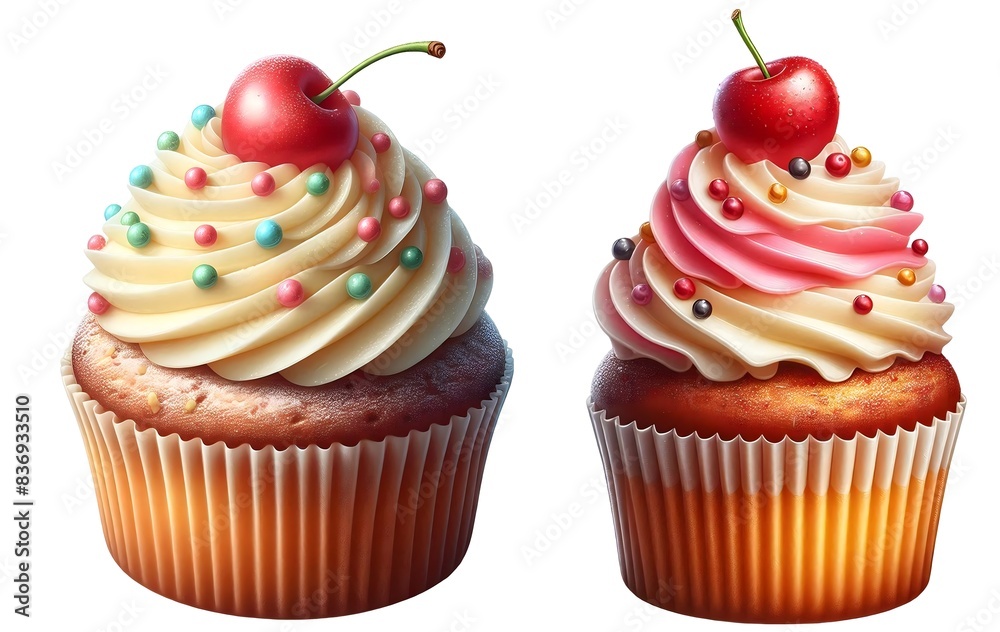 Cupcake with pink and ice, cupcake with cherry on top Isolated on Transparent Background Cupcake with pink and ice, cupcake with cherry on top Isolated on Transparent Background