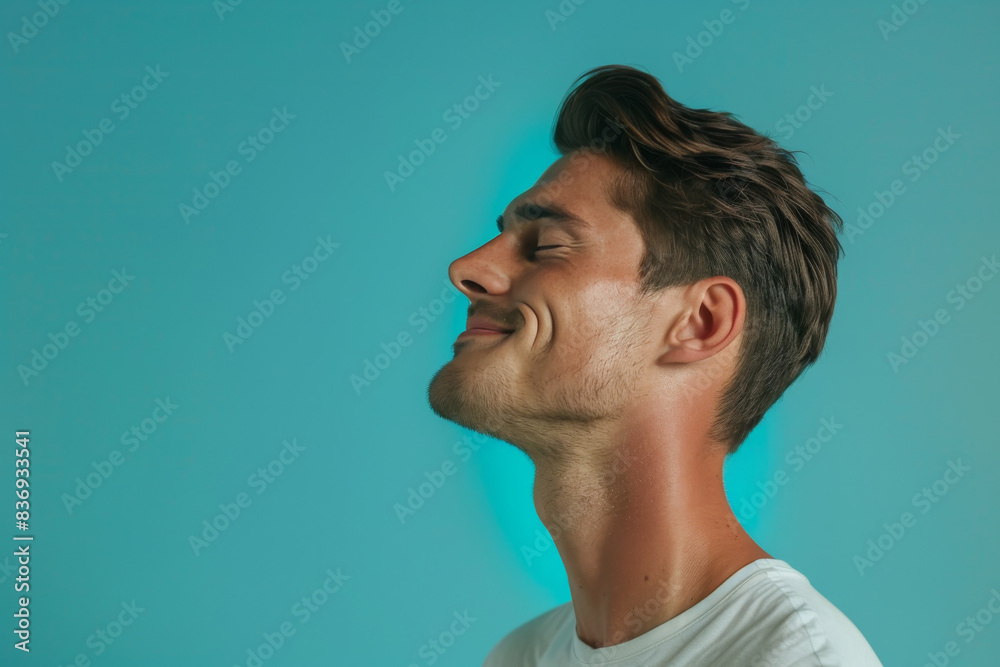 A close up of a man with beard and closed eyes looking to a side A close up of a man with beard and closed eyes looking to a side