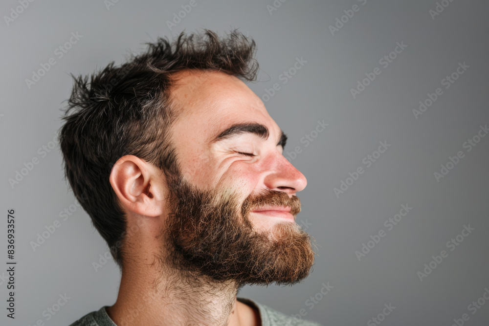 Fototapeta premium A close up of a man with beard and closed eyes looking to a side