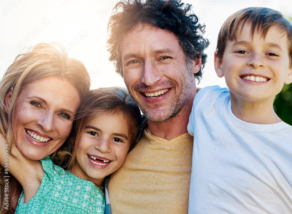 Outdoor portrait, family and couple with children for love relationship, holiday together and support for trust. Woman, man and young kids in nature with happiness for summer vacation and sunshine Outdoor portrait, family and couple with children for love relationship, holiday together and support for trust. Woman, man and young kids in nature with happiness for summer vacation and sunshine