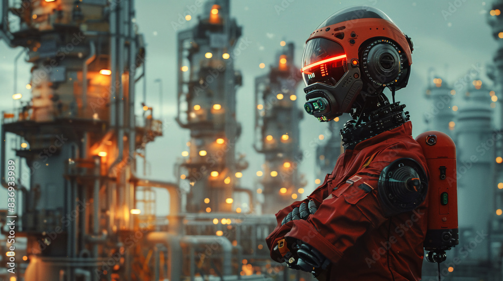 Technician checking safety protocols in a petroleum facility with autonomous robots Technician checking safety protocols in a petroleum facility with autonomous robots