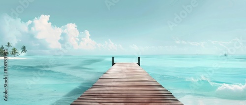 A wide perspective of a holiday paradise, featuring a wooden jetty extending into turquoise waters, distant palm trees swaying in the soft light of a serene day.