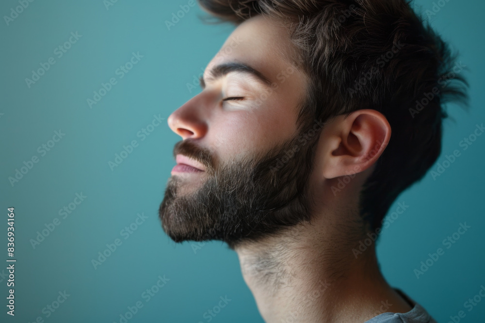 Obraz premium A close up of a man with beard and closed eyes looking to a side