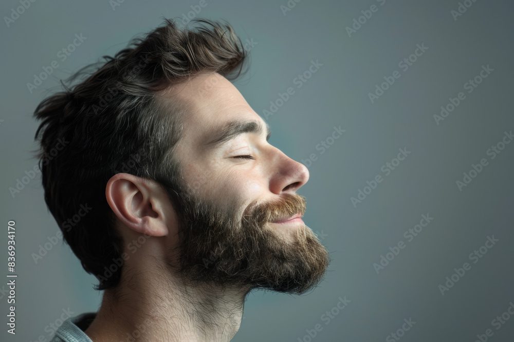 A close up of a man with beard and closed eyes looking to a side A close up of a man with beard and closed eyes looking to a side
