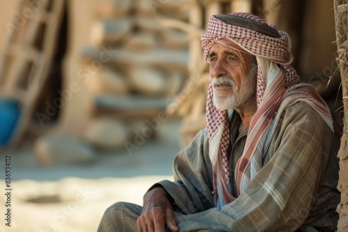 Pensive senior man in a keffiyeh sits thoughtfully in a rustic village setting photo