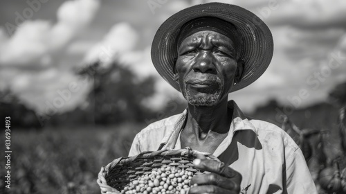 A black and white portrait of a farmer holding a basket generated by AI