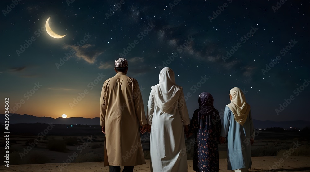 A Muslim family gazing up at the night sky and the moon.generative.ai A Muslim family gazing up at the night sky and the moon.generative.ai