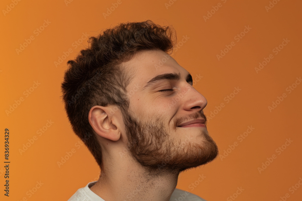 Obraz premium A close up of a man with beard and closed eyes looking to a side