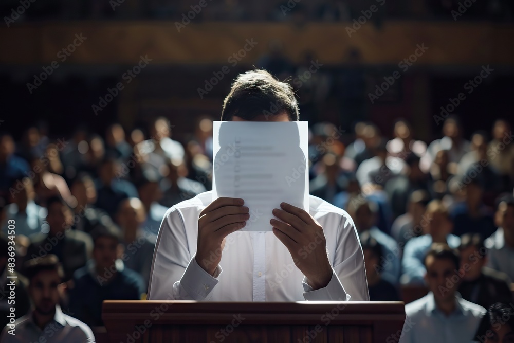 Fearful young lecturer hides face with paper on podium.