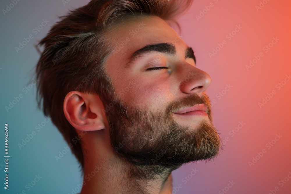 Fototapeta premium A close up of a man with beard and closed eyes looking to a side