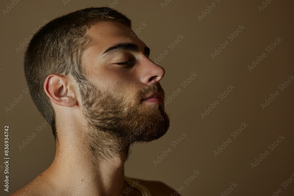A close up of a man with beard and closed eyes looking to a side