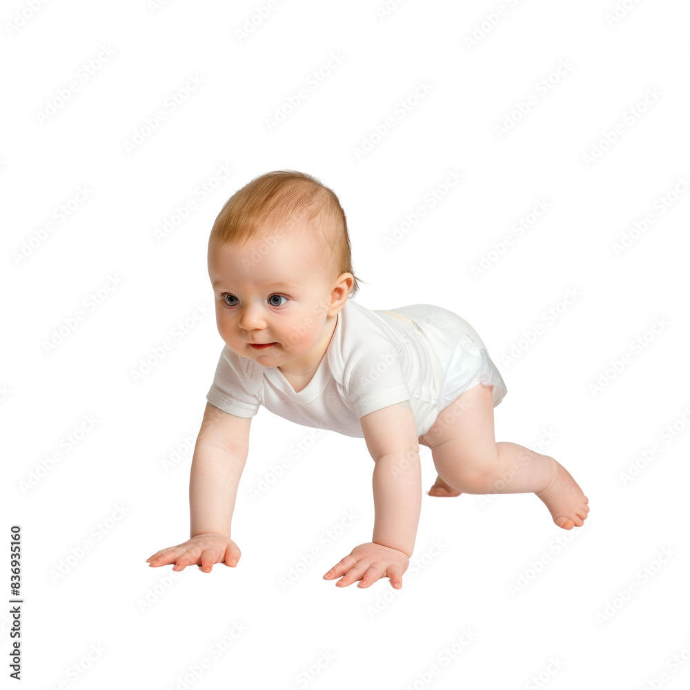 A Little Baby Explores The World Through Crawling, A Journey Of Discovery Against The Purity Of White A Little Baby Explores The World Through Crawling, A Journey Of Discovery Against The Purity Of White
