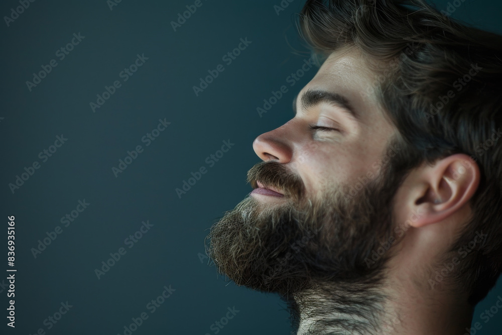 A close up of a man with beard and closed eyes looking to a side A close up of a man with beard and closed eyes looking to a side