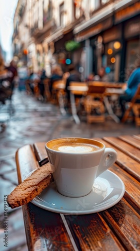 A cup of espresso with a biscotti on a saucer  placed on an outdoor cafe table generated by AI