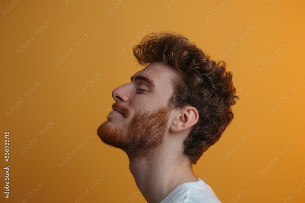 A close up of a man with beard and closed eyes looking to a side A close up of a man with beard and closed eyes looking to a side