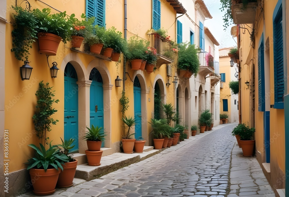 Obraz premium A narrow cobblestone street lined with colorful Mediterranean-style buildings, with potted plants and trees overhanging the walkway, creating a charming and picturesque scene