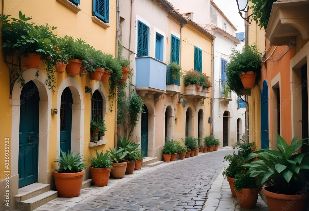 Obraz premium A narrow cobblestone street lined with colorful Mediterranean-style buildings, with potted plants and trees overhanging the walkway, creating a charming and picturesque scene