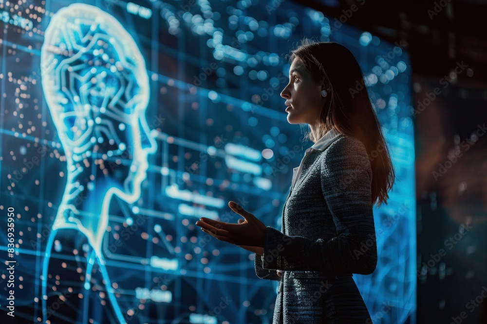 Female speaker discusses tech product AI data machine learning. Startup event.