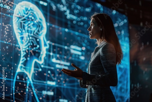 Obraz na płótnie Female speaker discusses tech product AI data machine learning. Startup event. w salonie
