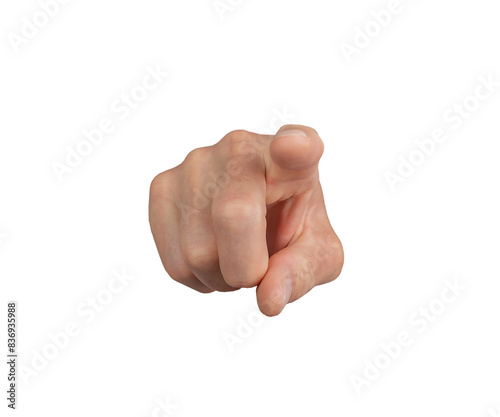 Hand gesture pointing, indicating choice with index finger. Isolated white background, human concept. Symbolic of strength, conflict, business communication. Closeup of male, transparent png