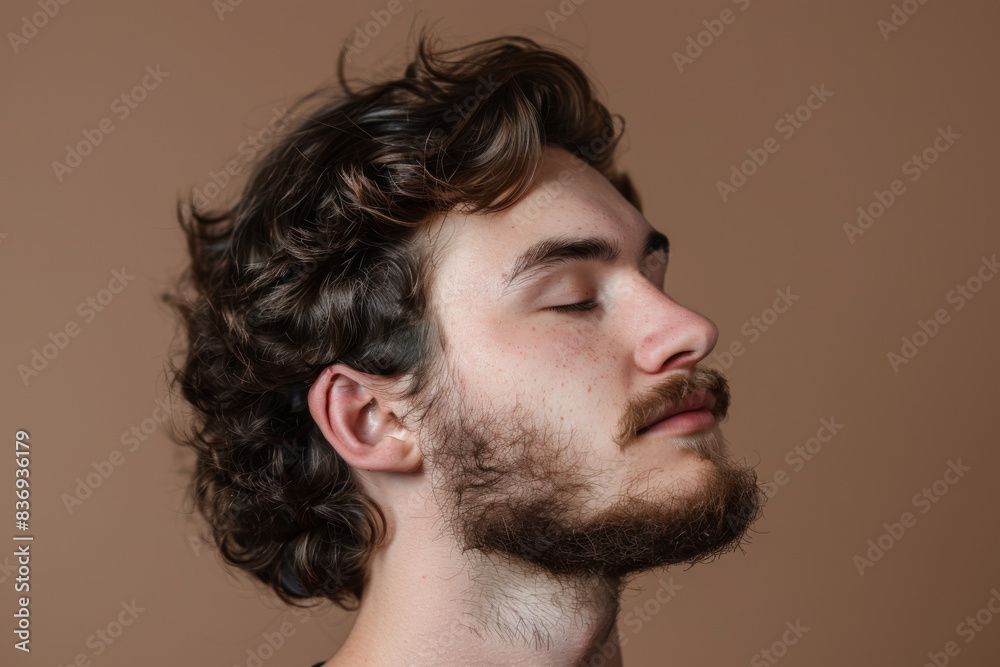 Obraz premium A close up of a man with beard and closed eyes looking to a side