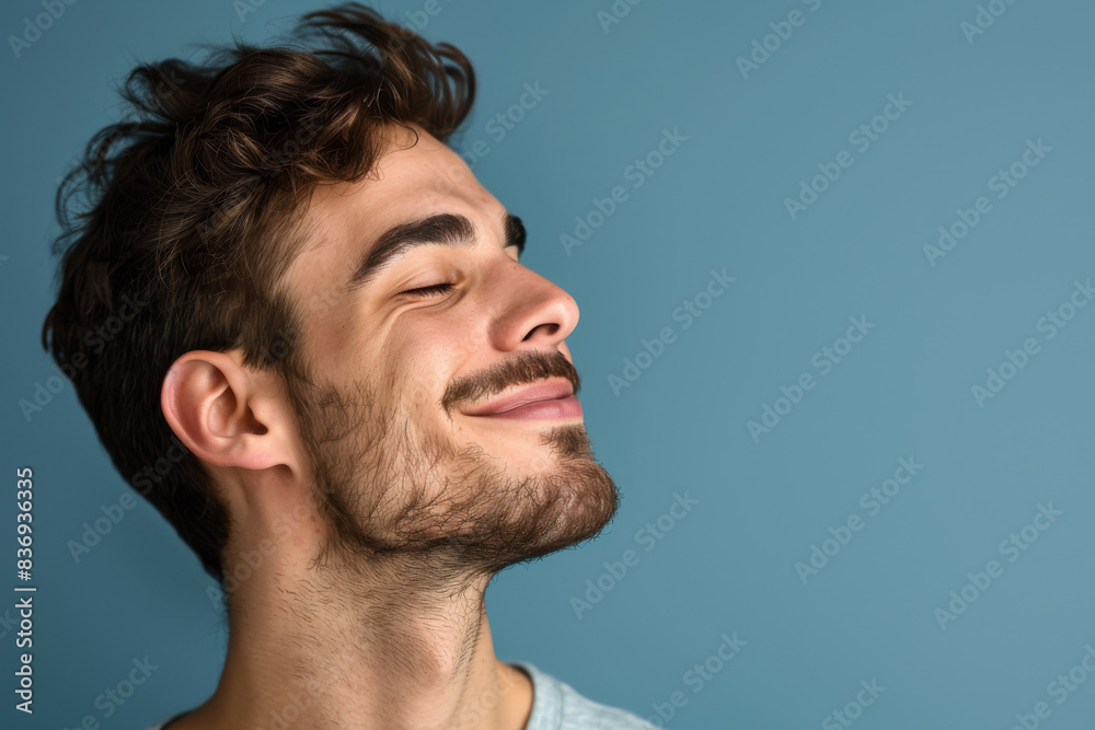 A close up of a man with beard and closed eyes looking to a side A close up of a man with beard and closed eyes looking to a side
