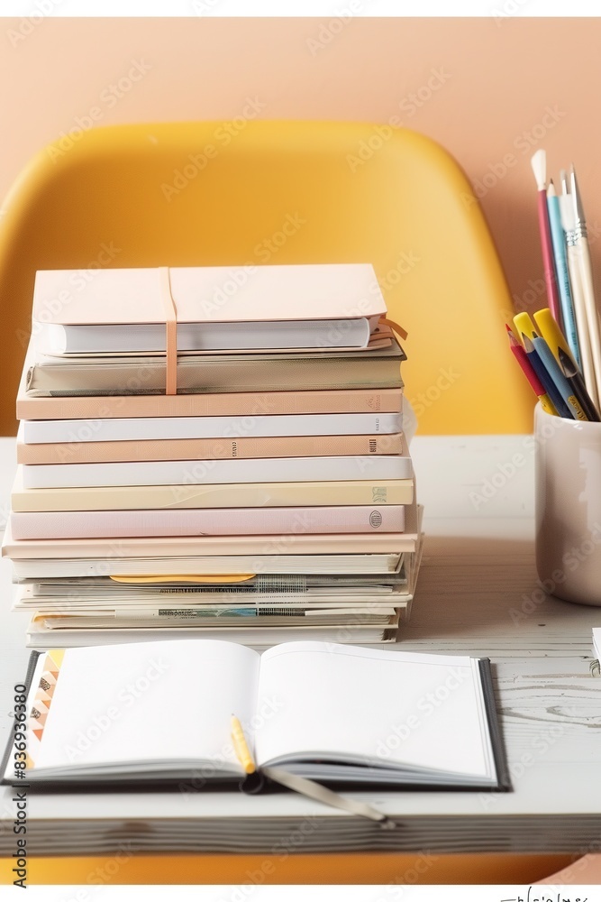 A stack of books on a table with a yellow chair in the background A stack of books on a table with a yellow chair in the background