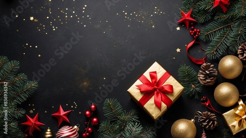 Christmas dark black background with beautiful texture and Golden gift box with red ribbon  serpentine  fir branches  cones  Christmas tree toys stars  top view  copy space