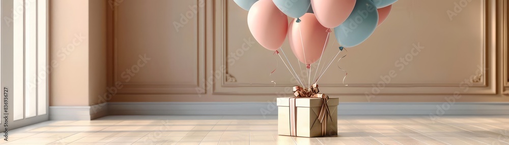 Fashionable birthday scene with balloons tied to a stylish gift, set against a muted background, perfect for boutique gift shop promotions