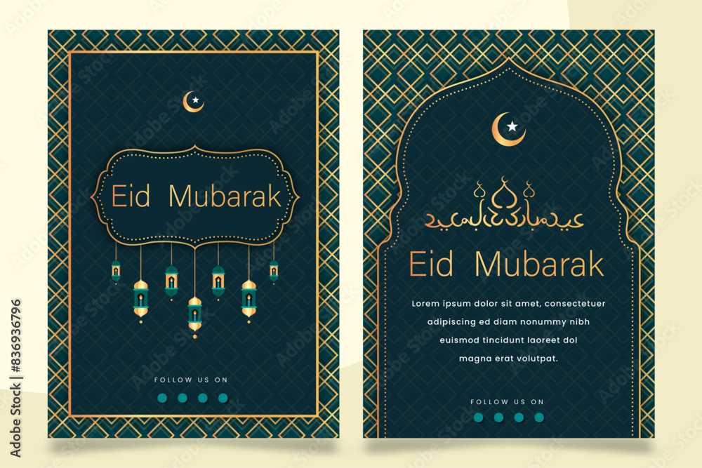 Naklejka premium Modern style Ramadan Mubarak greeting cards design. Windows and arches with moon, mosque dome and lanterns