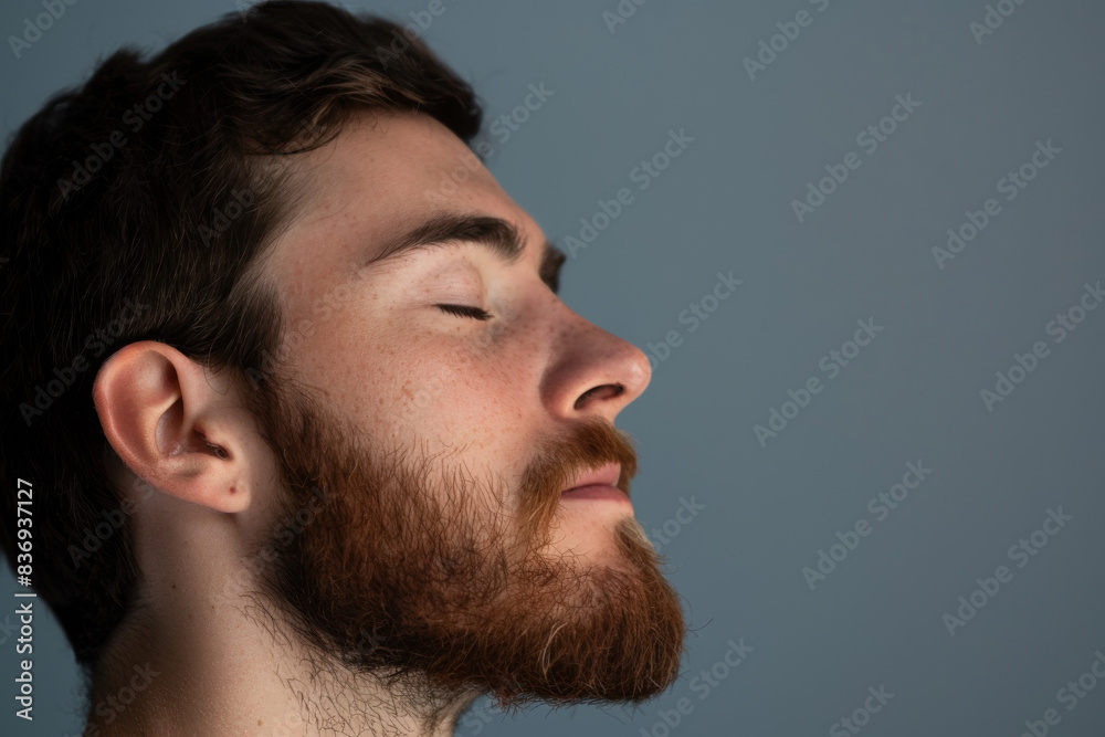 Fototapeta premium A close up of a man with beard and closed eyes looking to a side