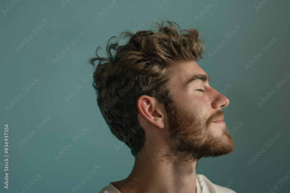 Fototapeta premium A close up of a man with beard and closed eyes looking to a side