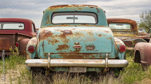 Rear view of a vintage, rusted car in a field, surrounded by other old vehicles, evoking a sense of nostalgia and the passage of time.