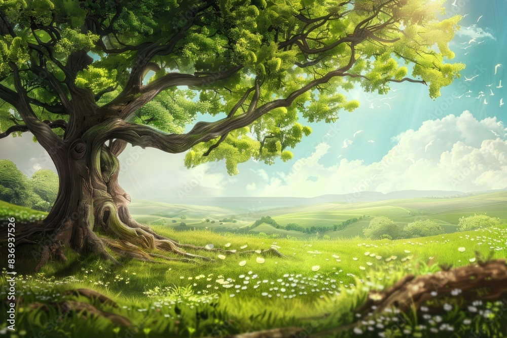 Digital artwork of a magical tree with lush green landscape and sunlight filtering through leaves Digital artwork of a magical tree with lush green landscape and sunlight filtering through leaves