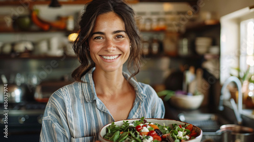 Caucasian woman in a casual shirt  smiling and holding a bowl of fresh salad