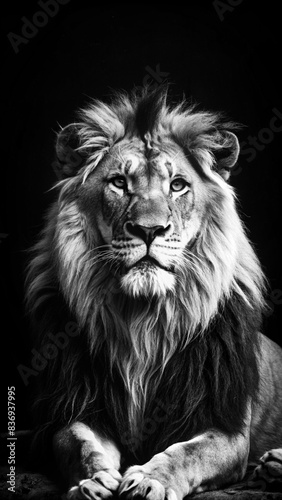 Majestic black and white portrait of a lion with a detailed mane, intense gaze, and regal posture