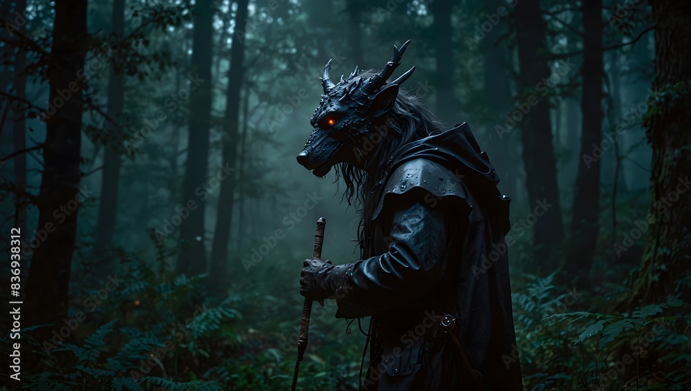 Naklejka premium In the heart of the dark forest, an ancient curse stirs beneath the tangled root ai_generated