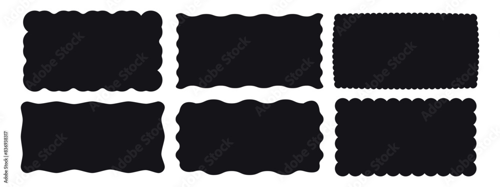 Obraz premium Set of rectangular frames with jagged wavy scalloped and zigzag edges. Rectangle jagged curved box element. Black shapes isolated on white background. Hand drawn vector illustration