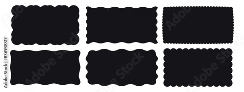 Set of rectangular frames with jagged wavy scalloped and zigzag edges. Rectangle jagged curved box element. Black shapes isolated on white background. Hand drawn vector illustration